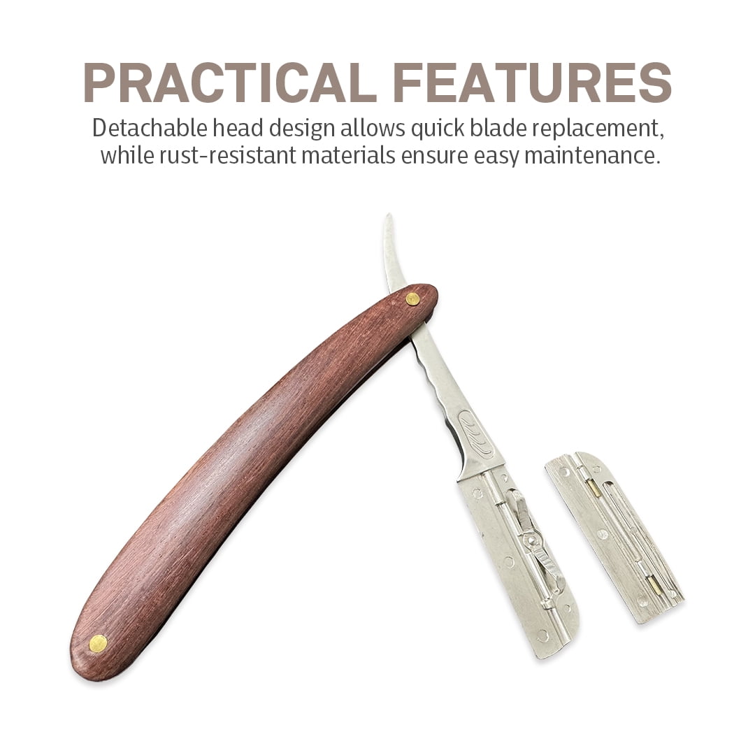Caliber Pro Straight Razor H1, 6.5 inch Wood Handle, Stainless Steel Blade, Barber Scraper