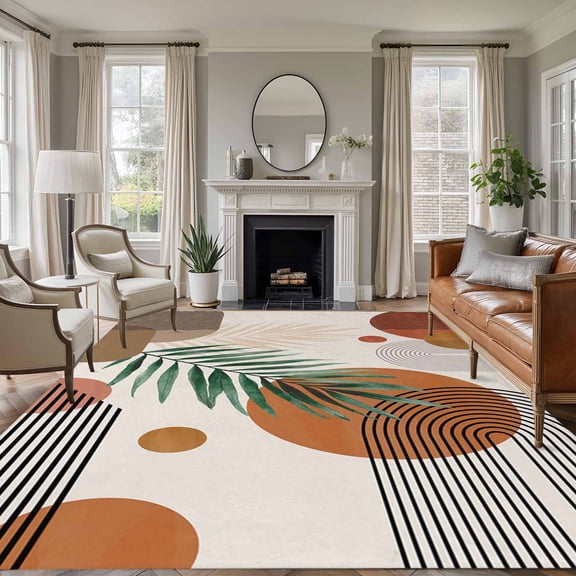 Large Area Rugs for Living Room Bedroom, Middle Century 6'x9' Rug Washable Carpet Runner Indoor Outdoor, Orange Brown Boho Abstract Geometric Non Slip Floor Mats Rug for Kitchen, Playroom