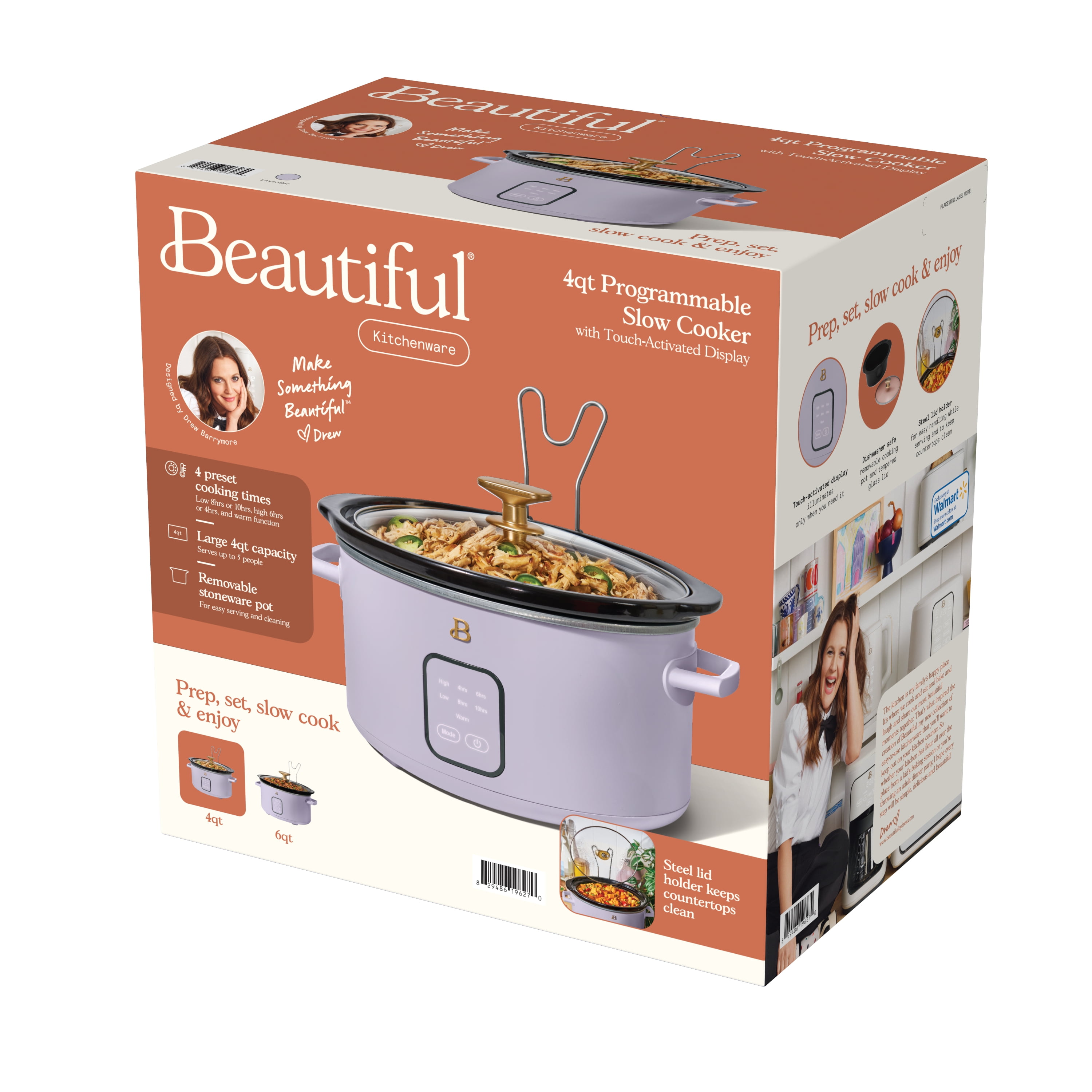 Beautiful 4Qt Slow Cooker with Touch-Activated Display, Lavender by Drew Barrymore