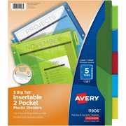 AVERY G Avery 5-Tab Plastic Binder Dividers with Pockets, Insertable Multicolor Big Tabs, 1 Set 11906
