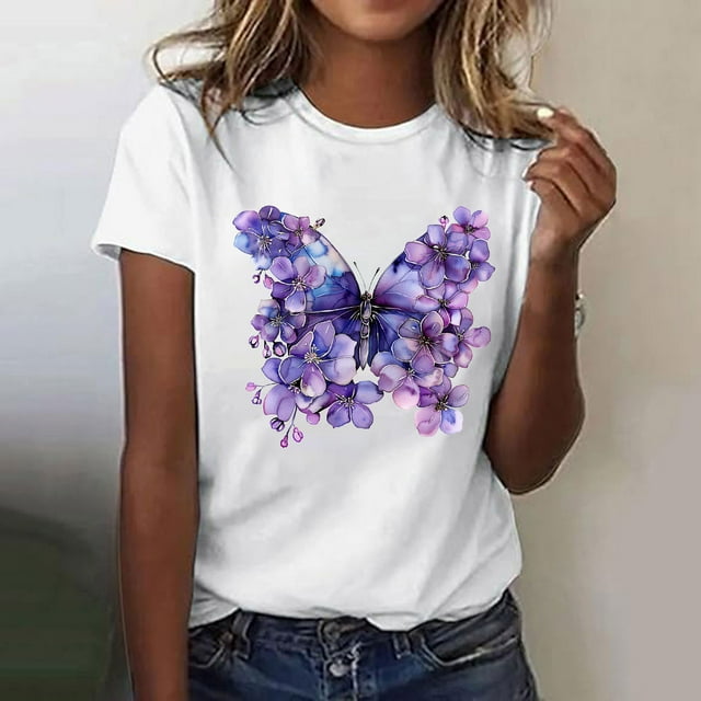 QETYUW Shirts Chemises pour Femmes Manches Courtes Col Rond T-Shirt Graphique Floral Amusant Léger Grande Taille T - Été Décontracté