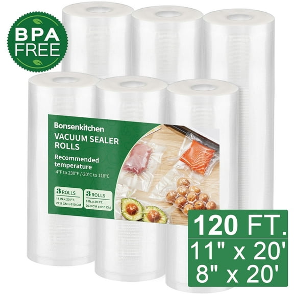 Bonsenkitchen Vacuum Sealer Bags for Food 6 Rolls (11" x 20' x 3 & 8" x 20' x 3), Vacuum Seal Bag for Food