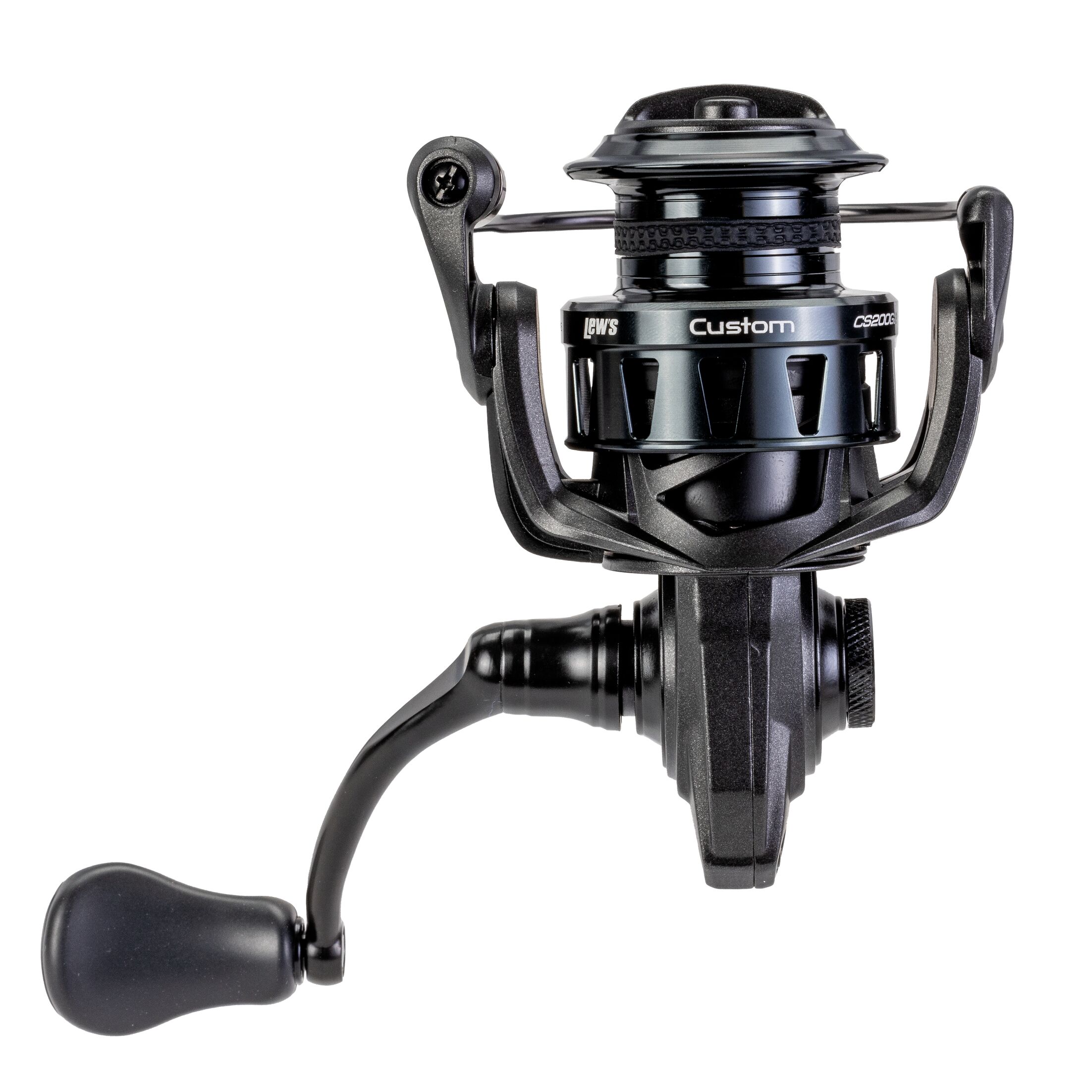Lew’s Custom 200 Spinning Fishing Reel, Size 200 Reel, 9+1 Bearings, 6.2:1 Gear Ratio, Aluminum Frame and Sideplate, Screw-In Aluminum Handle, Speed Gears, Speed Lube, Hybrid Carbon Drag, Black