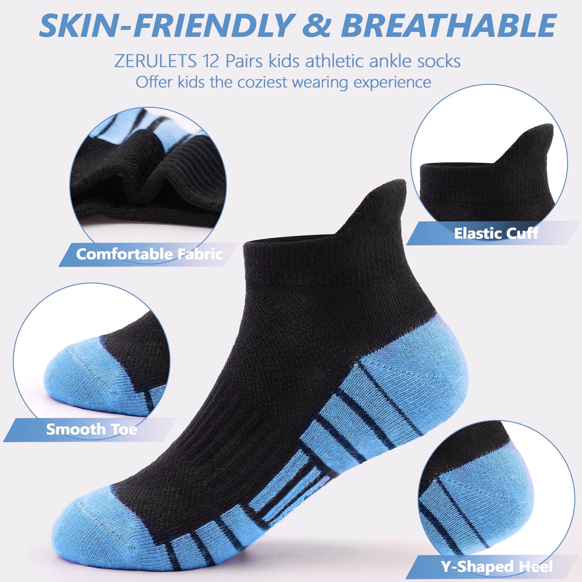 Kids Boys Socks, 12 Pairs Ankle Athletic Low Cut Half Cushion Socks for Boys Girls Toddler 1-14 Years