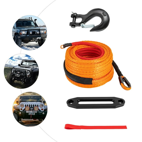 3/8" 100 FT Synthetic Winch Rope Winch Line Cable Rope with Winch Hook Fairleads