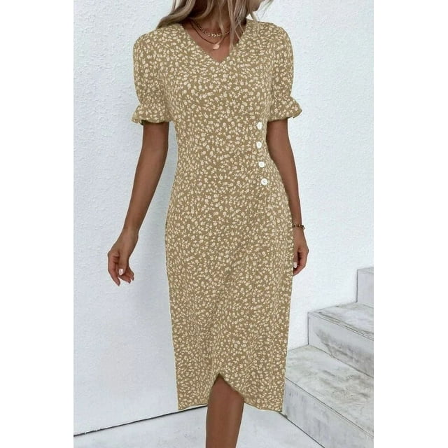 Floral Print Midi Dress with Short Sleeves and V Neck for Women
