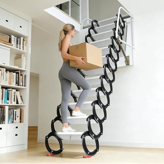 Foldable Loft Stairs Ti-Mg Alloy Loft Wall Mounted Stairs Attic Ladder Telescopic Fold Ladder Pull Down Attic Stairs, 12 Step 1102LBS Capacity with Horizontal Calibration Pull Rod for Garages, Roofs