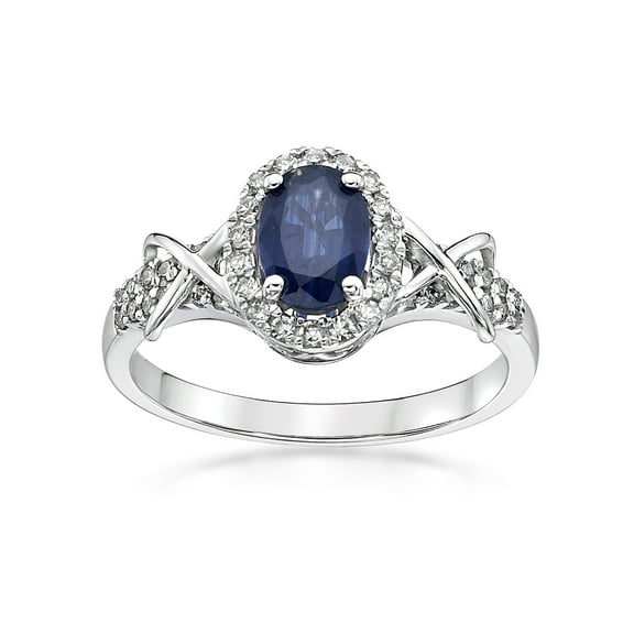 10K White Gold, Blue Sapphire Diamond Oval Ring (.24cttw, I-J, I2-I3) Size 7