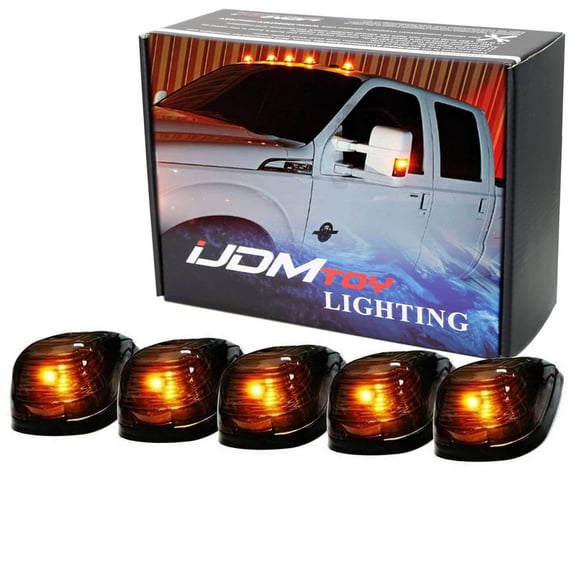 Black-Out Smoked Lens Amber LED Illuminated Cab Roof Marker Lamps For Truck SUV 4x4, 5-Piece Roof Running Light Set Powered by (5) 5050-SMD LED Bulbs