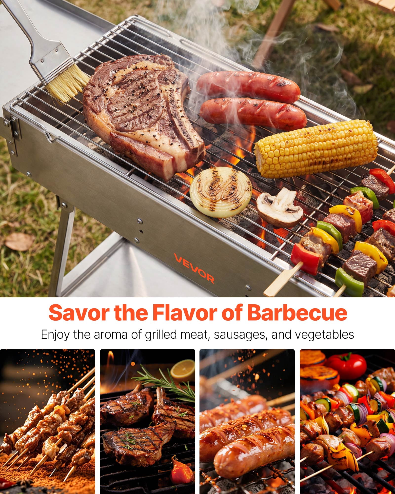 VEVOR Foldable Charcoal Grill, 250 sq.in. Portable Charcoal Barbecue Grill with Liftable Charcoal Tray & Side Tables, Brushed Stainless Steel BBQ Cooking Grills for Outdoor Camping Backyard Parties