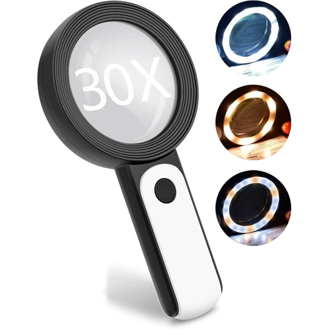 Lupa con luz, lupa de lectura 30x, 18 LED - 3 modos, lupa de mano con claridad, lente de doble vidrio, lupa de lectura con luz para personas mayores, ideal para lectura, pasatiempos, manualidades,