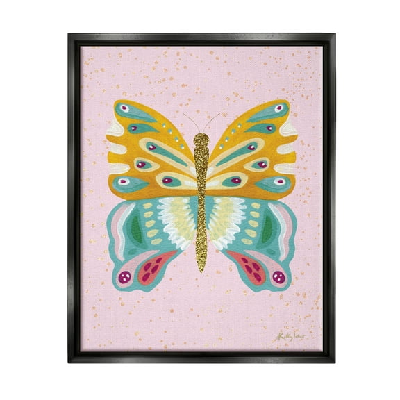 Stupell Industries Glitzy Butterfly on Pink Animals & Insects Painting Black Floater Framed Canvas Art Print Wall Art, 17 x 21