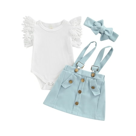 

Musuos Newborn Girl Three-Piece Outfits Flying Sleeve Solid Color O-Neck Romper + Suspender Buttons Shorts + Decorative Hairband