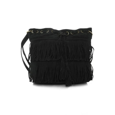 Fringe Bag - Unique Bargains Women's Functional Fringe Tassel Drawstring Tote Bucket Bag