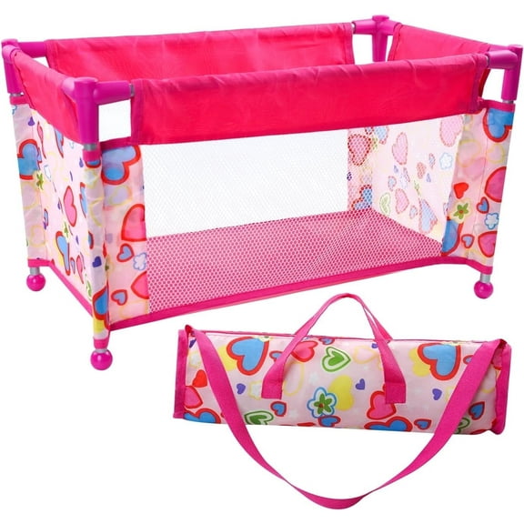 Babeside Foldable Doll Crib & Playpen for 17-21 inch Reborn Babies - Pink Portable Baby Bed with Soft Cloth Body, Gift for Kids
