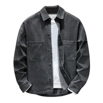 Denim Jacket Men Qiggri Men Pocket Button Long Sleeves Shirt Flip Collar No Hat Shirt Loose Coat