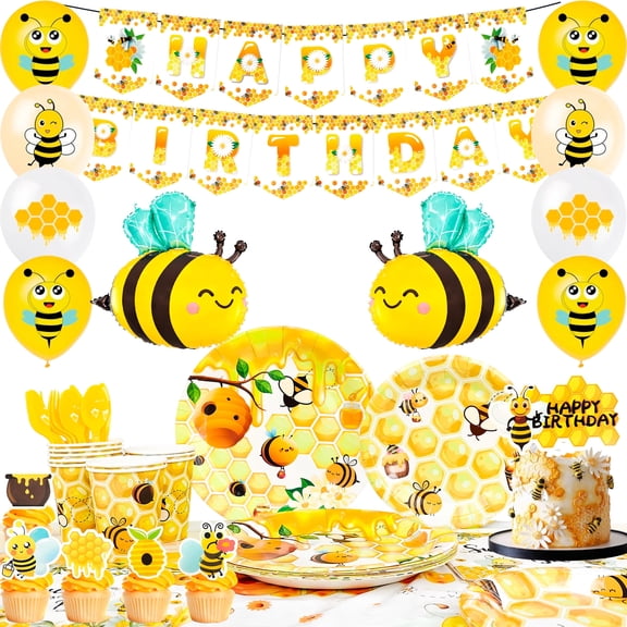 Bee Birthday Decorations,113 Pcs Bee Party Decorations and Tableware Set- Bee Party Plates Cups Napkins Tablecloth & Happy Birthday Bee Banner Balloons Cake Toppers etc Bee Birthday Party Decorations