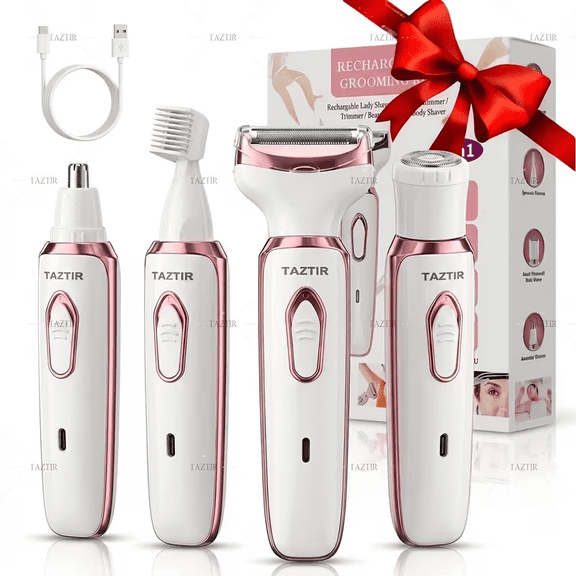 Electric Razor for Women, 4-in-1 Rechargeable Grooming Kit | Limited Luxury Set | Ultimate Shaving Care Gift, Lady Electric Shaver for Face, Nose, Legs And Underarm, Bikini Trimmer for Women Wet & Dr