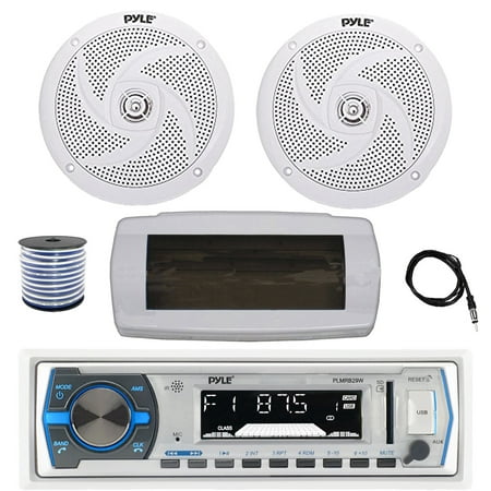 Pyle PLMRB29W Single DIN Bluetooth Marine MP3 AM/FM Stereo Receiver with White Cover 22 Radio Antenna Wire 2x 6 240 Watt Max 2-Way Boat Audio Speakers (White)