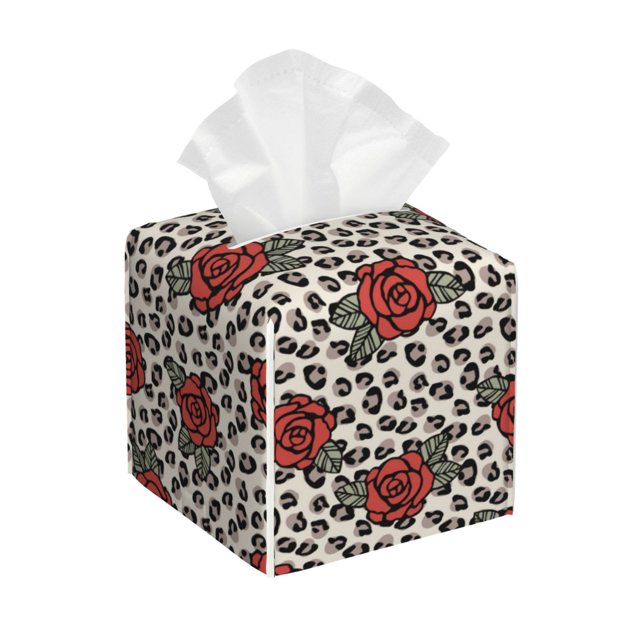Fotbe Leopard Print Rose Porta Pañuelos Decorativo de Cuero, Caja Cuadrada Moderna para Pañuelos Faciales, Organizador y Dispensador 5x5x5''