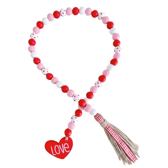 HEMOTON Valentine's Day Red Wood Bead Garland with Tassel Decor for Home Parties and Holidays