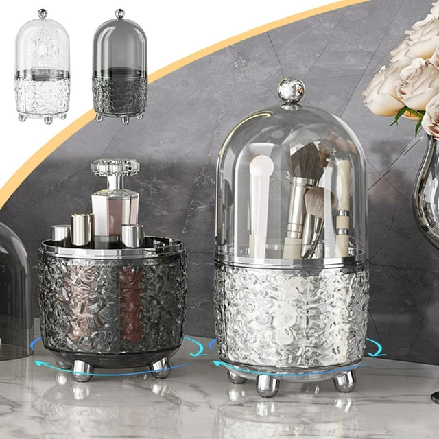 Organizador para almacenamiento de brochas de maquillaje | Soporte cosmético transparente y antipolvo giratorio de 360° | Caddy de sobremesa de 6 compartimentos, plástico transparente, 24,6x12,2cm