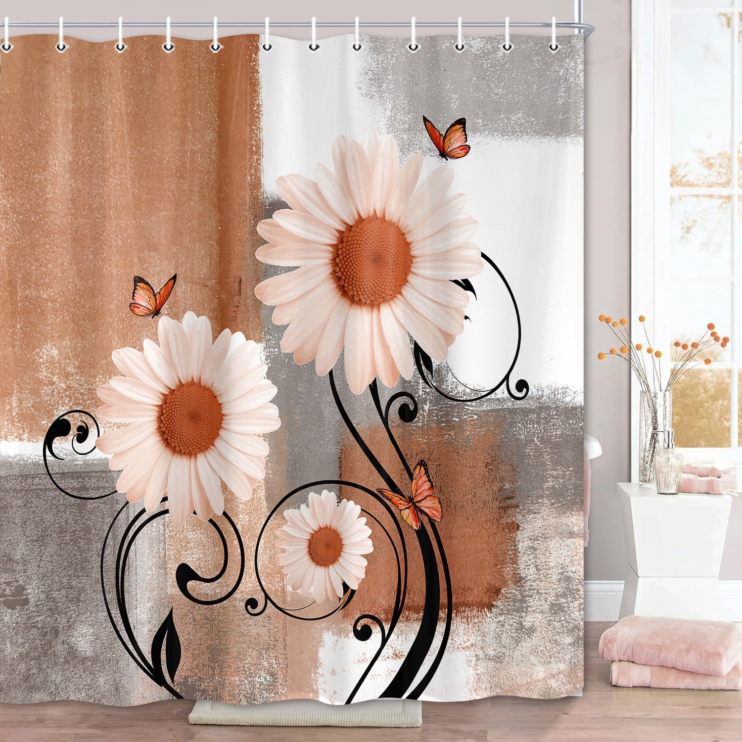 Rustic Farmhouse Shower Curtain,Farm Orange Daisy Floral Flowers and Butterfly on Country Wooden Shower Curtain for Bathroom,Orange Gray Shower Curtain with 12 Hooks,69X70in
