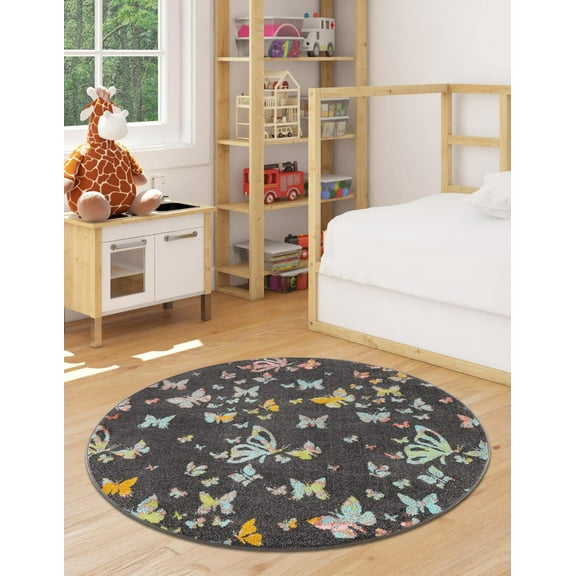 Unique Loom Whimsy Kids Collection Area Rug - Butterflies (2' 2" Round Charcoal Gray/Blue)