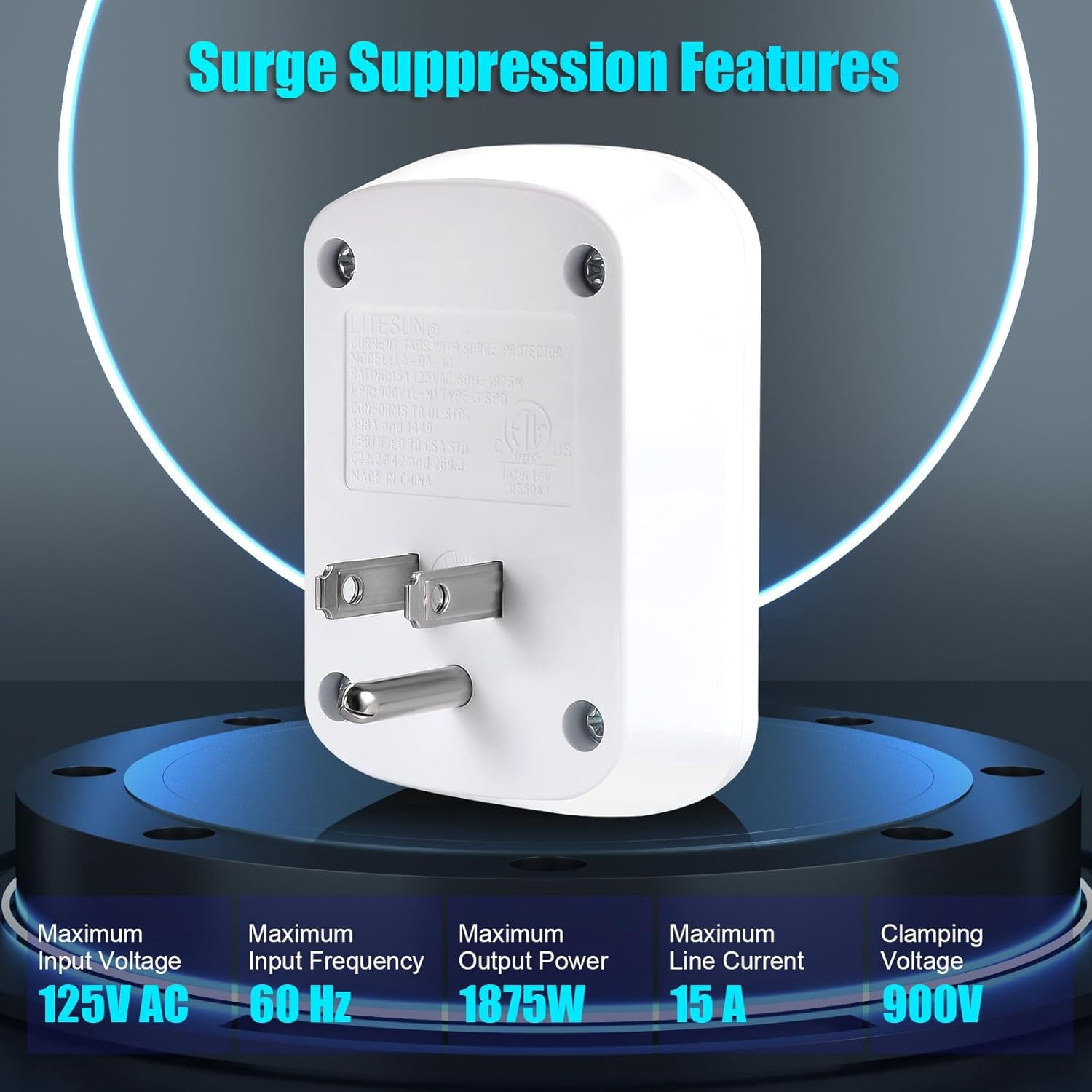 RGHJAR-Single Surge Protector Plug, ETL Listed Grounded Outlet Wall Tap Adapter with Indicator Light,1-Outlet,2200 Joules/15A/1875W, White, 2Pack, LA-9A-10