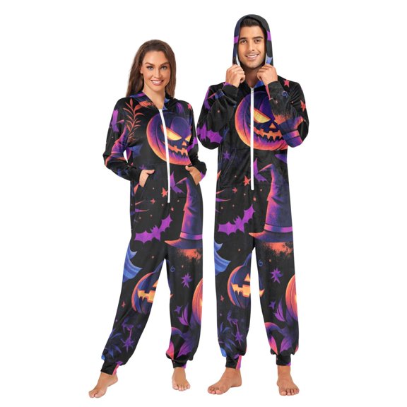 Halloween Magic Theme Adult onesie Pajamas, Crystal Velvet Ultra Soft Warm Jumpsuit for Men and Women