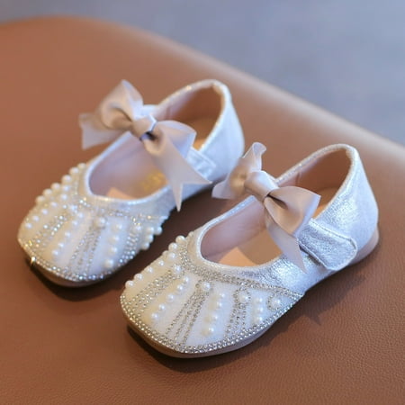 

HAXMNOU Children Kids Kids Girls Dress Shoes Wedding Flower Bridesmaids Heels Glitter Princess Shoes Flats School Uniform Shoes 1-6Y White