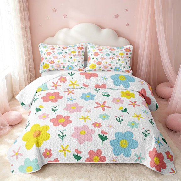 Erosebridal Kawaii Flower Twin Quilt Set, Groovy Floral Twin Coverlet Set, Polka Dots Reversible, Pastel Mix, 2pcs (1 Bedspread and 1 Pillowcase)