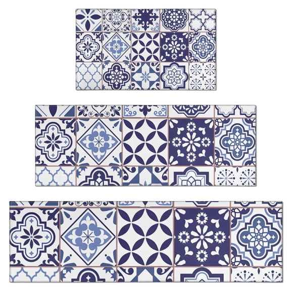 Blue Ethnic Geometric Patchwork Pattern Kitchen Rugs Sets Of 3,Kitchen Runner Rugs Non Skid Washable,Decorative Kitchen Floor Mats for Kitchen,Sink,Laundry,17"x30" 17"x47" 17"x59"