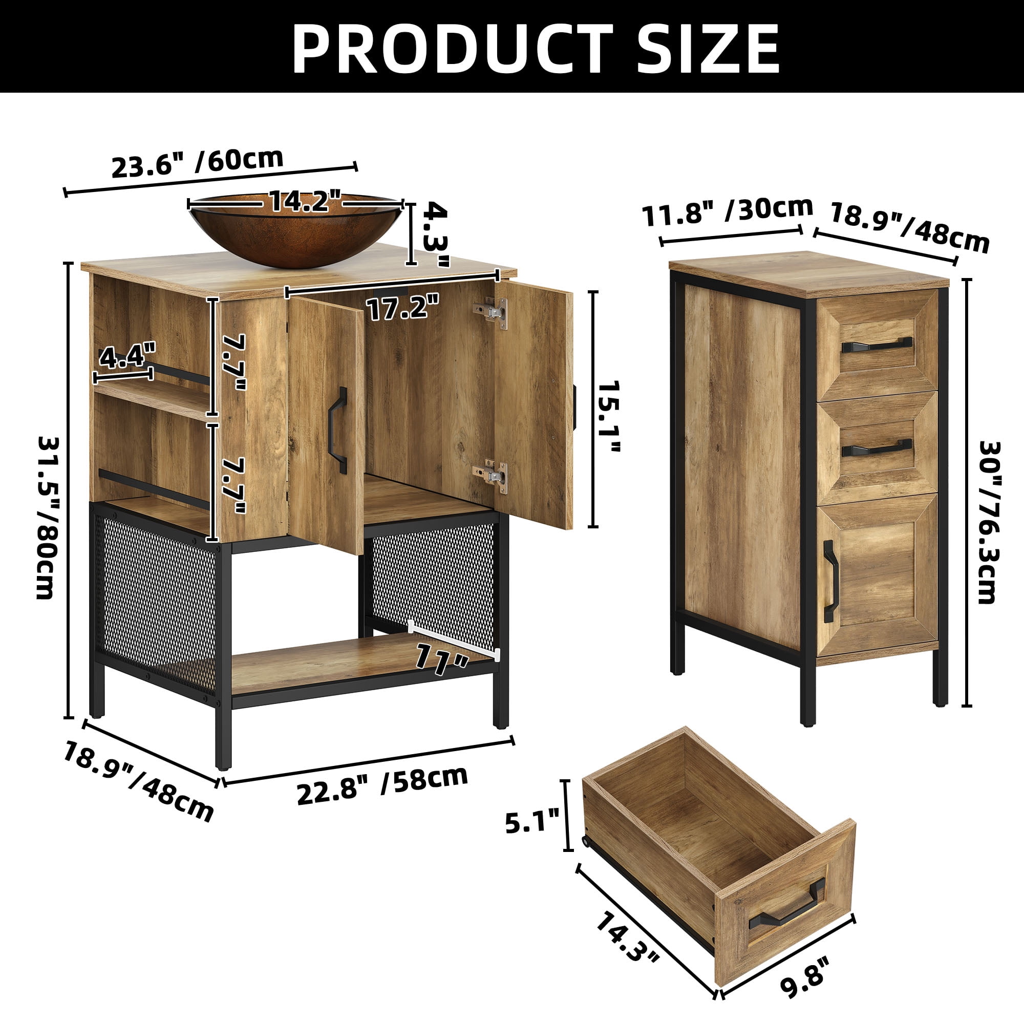 Uforic 35.4 Inch Bathroom Vanity with Countertop Sink, Rustic Free Standing Bathroom Storage Cabinet with Drain, Rustic OAK