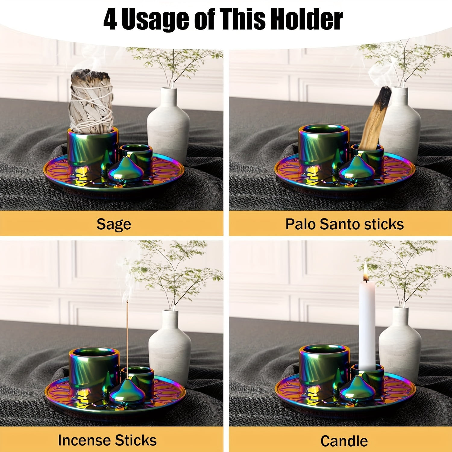 1pc Artistic Ceramic Candle Holder & 4-in-1 Incense Burner - Electroplated Rainbow Finish, Multifunctional Palo Santo & Sage Smudging Kit, Boho Home Decor with Vibrant Iridescent Finish