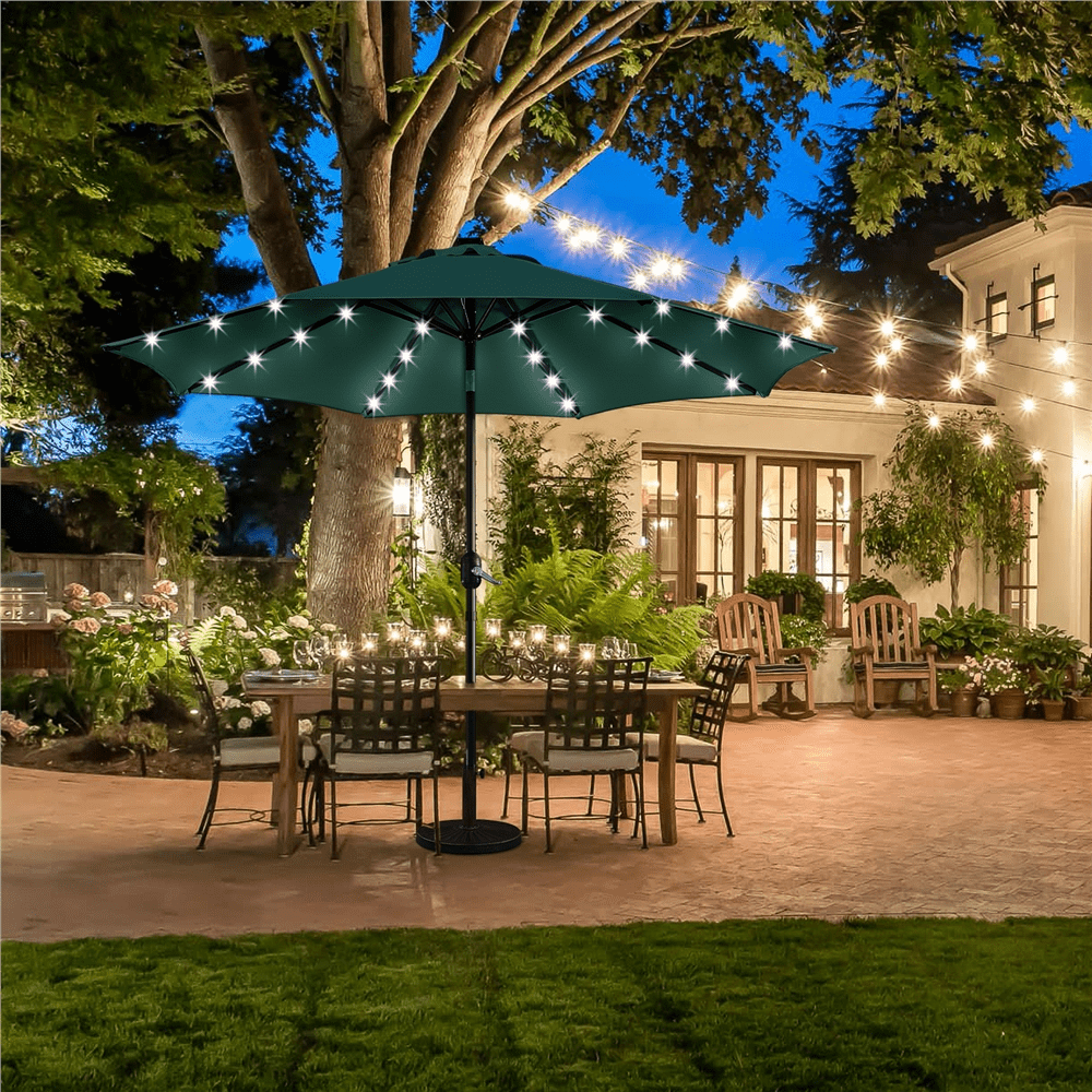Renwick 9ft Outdoor Market Patio Umbrella with 32 LED Lights and Base Stand, Dark Green
