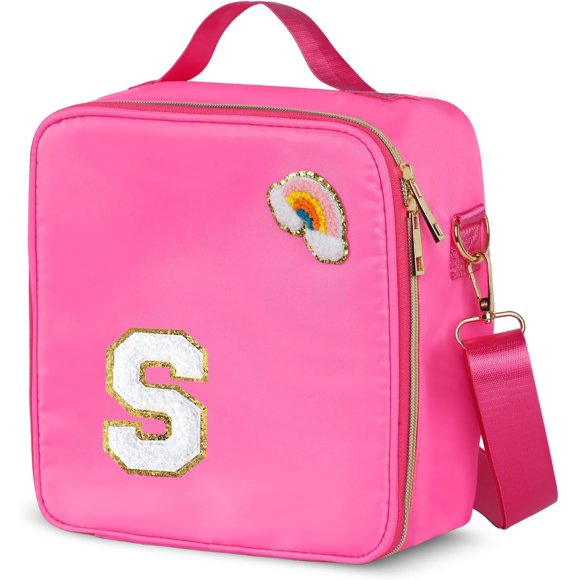 shiyou-Insulated Nylon Lunch Box for Girls, Kids, and Women-Stylish (Letter 'S'),Pink Preppy Large Lunch Bag with Adjustable Strap, Tote for School, Travel, and Picnics-Ideal Preppy Stuff Choice