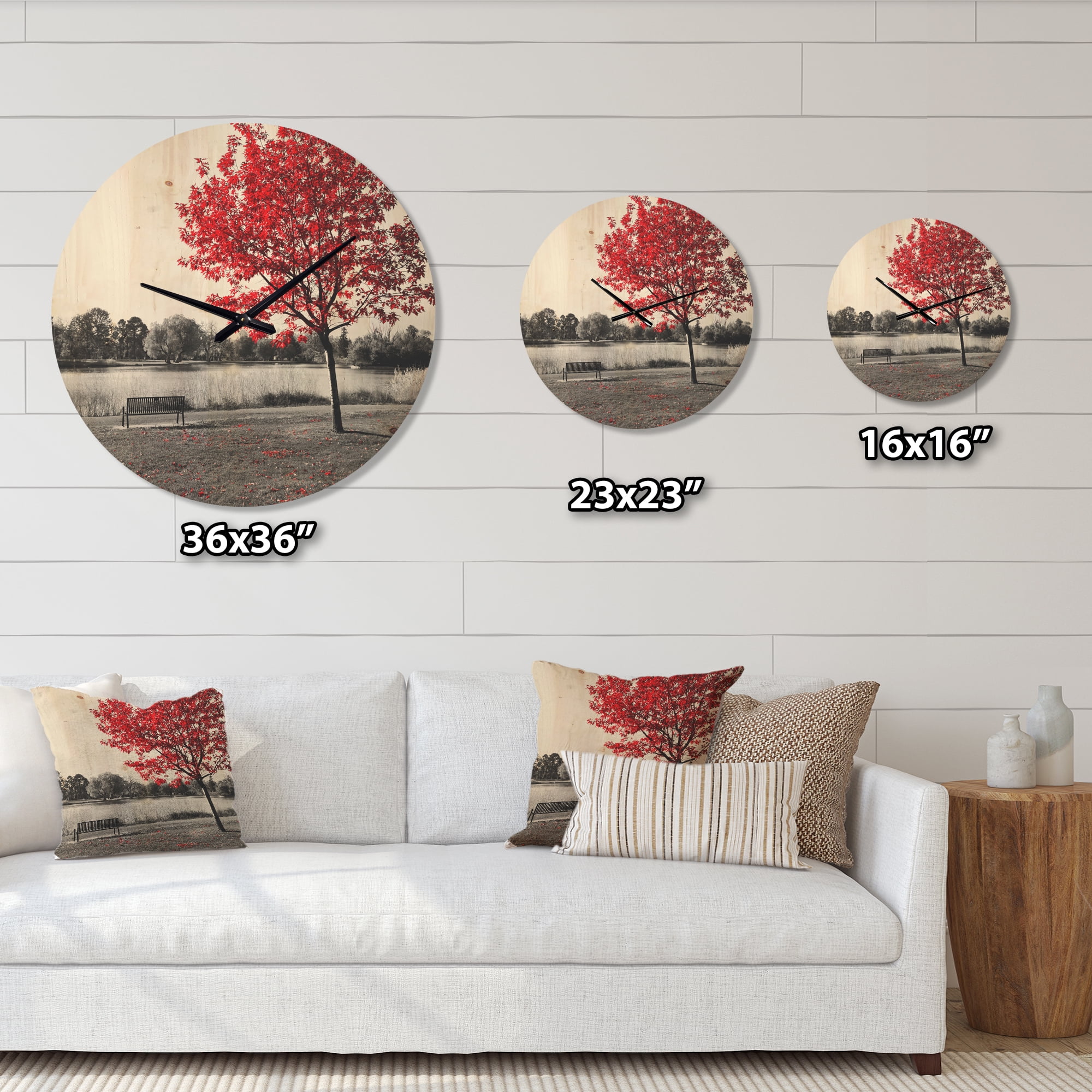 Designart 'Red Tree over Monochrome Park Bench' Modern Wood Wall Clock