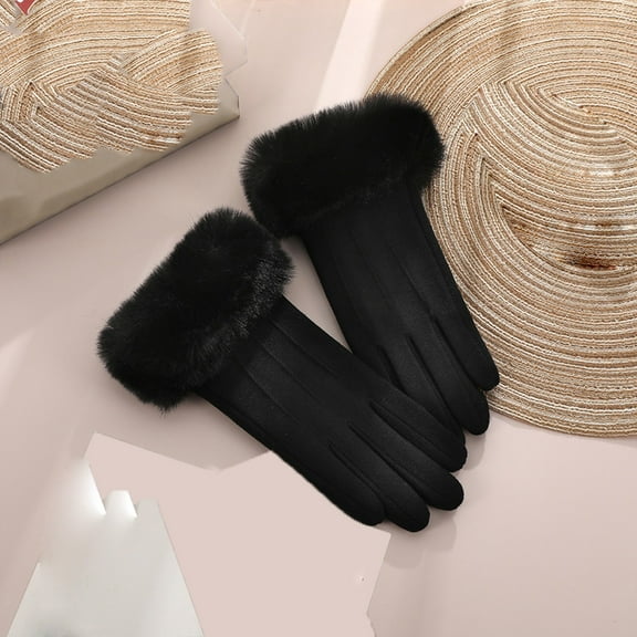 absanyy Women's Warm Winter Gloves - Polyester with Faux Fur Cuff, One Size Fits Most, Black - Stylish for Daily Use & Gifts