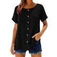 thumbnail image 2 of Women's Cotton Linen Top, Short Sleeve Round Neck Button Down Long Length Cardigan, Cute & Casual Summer Shirt for Layering, Beach Cover Up, and Vacation Wear-Black, 2 of 6