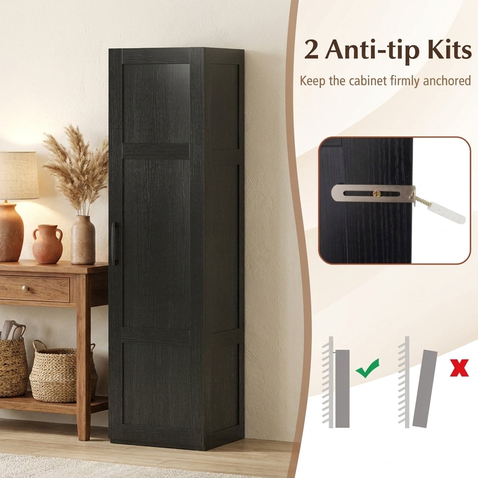 Vebreda Tall Bathroom Storage Cabinet with 4 Shelves, 59 in Narrow Freestanding Floor Cabinet with Soft-Close Door and Anti-Tip Kits, Black