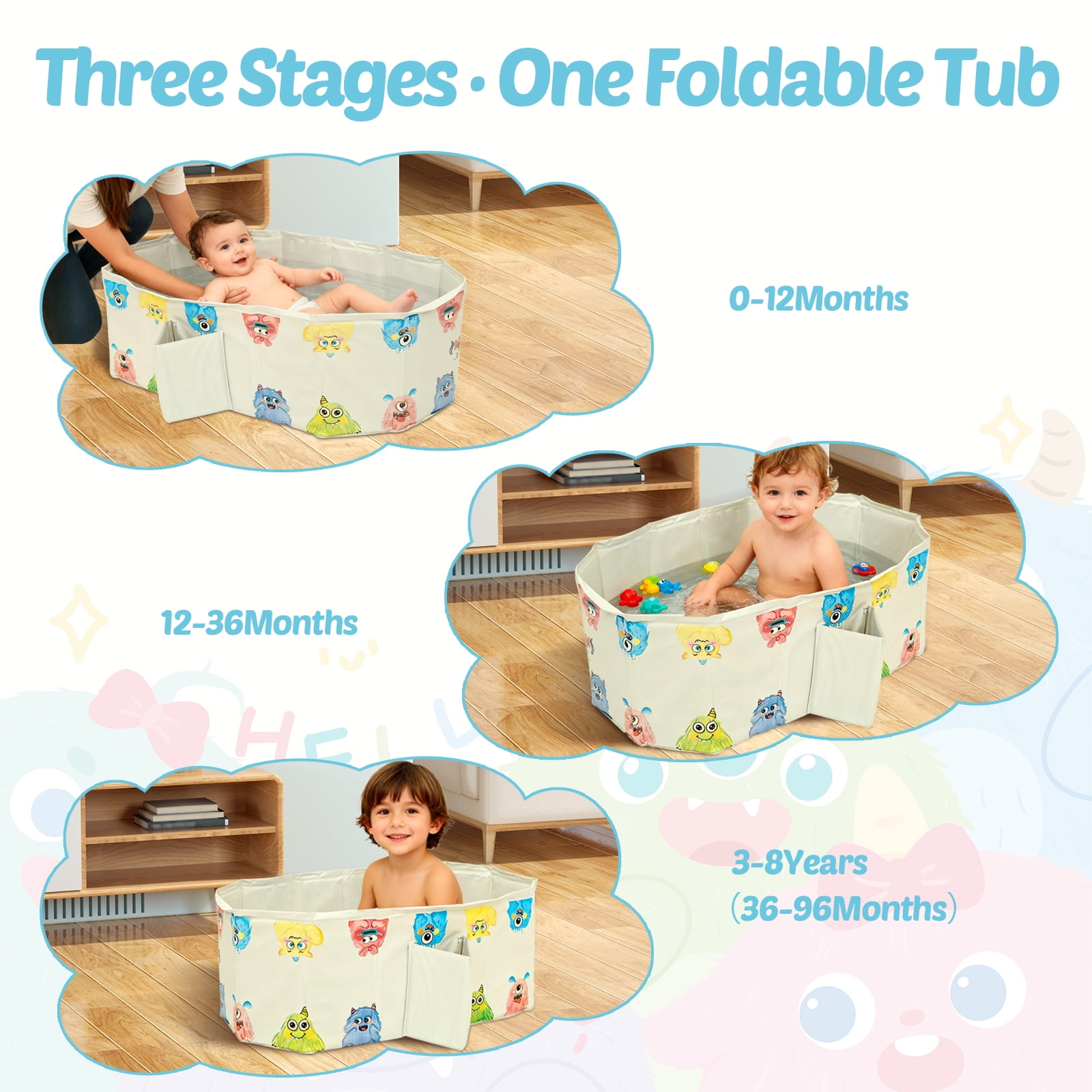 Austok Foldable Bathtub for Kids Multifunctional Portable Bath Tub Large Toddler Bath Tub for Ages Under 8 Integrated Design with Drainage Hole