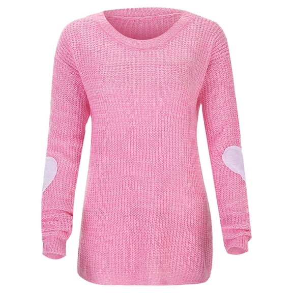Womens Valentines Sweater Solid Color Crewneck Knit Sweater Heart Elbow Patches Long Sleeve Soft Pullover Jumper Top Fall Winter Pink M