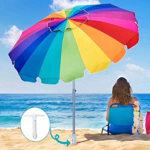 AMMSUN 7.5ft Heavy Duty Beach Umbrella with Sand Anchor with UPF50 protection Tilt Sun Shelter Outdoor,Rainbow