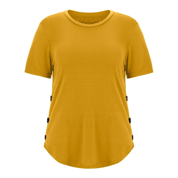 Zkozptok Womens Short Sleeve Crewneck Tops Side Button Down Design Pullover T Shirts Casual Loose Summer Outfits