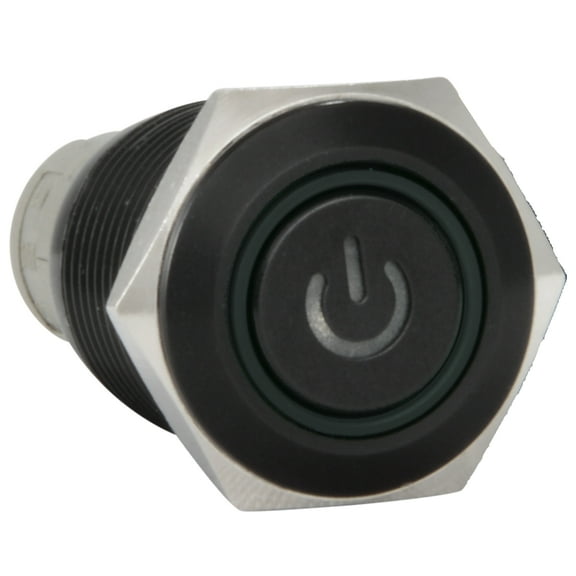 JacobsParts Latching Maintained Pushbutton ON/OFF Switch Black Metal with Green Power Symbol LED Suitable for 5/8" (16mm) Diameter Panel Cutout Hole