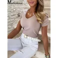 2022 New Ladies Slim Stretch Threaded Pullover Puff Sleeve Top Sexy V