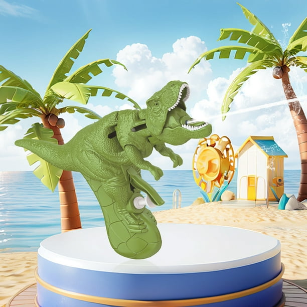 Simulación de Pistola de Agua de Dinosaurio: El Dinosaurio Abre La Boca y Rocía Agua. El Niño Salpica con La Pistola de Agua.