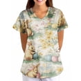 thumbnail image 2 of Easter Scrubs Women Bunny Egg Print V Neck Cute Scrub Tops Short Sleeve Stretchy Nursing Top with Pocket Multicolor 5XL, 2 of 5