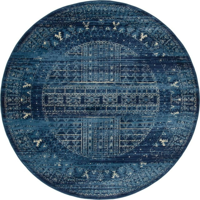 Unique Loom District Rustic Border Area Rug 7' 11 x 7' 11 Round Blue/Navy Blue